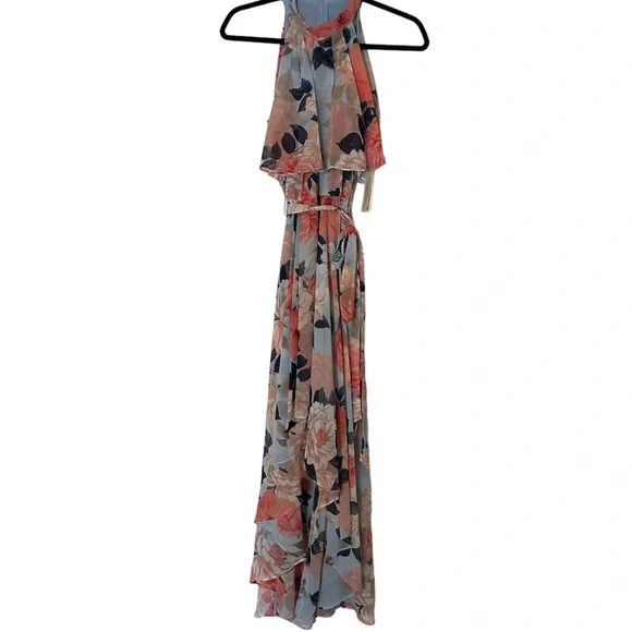 eliza j floral chiffon dress Eliza J Maxi Dress Womens 10 Blue High Low Tiered Floral Chiffon Cottagecore